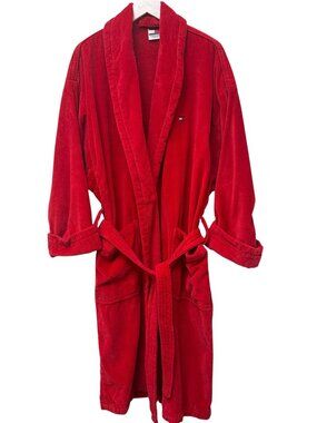 TOMMY HILFIGER Mens Bath Robe One Size Red Terry Cloth Shawl Collar Cotton